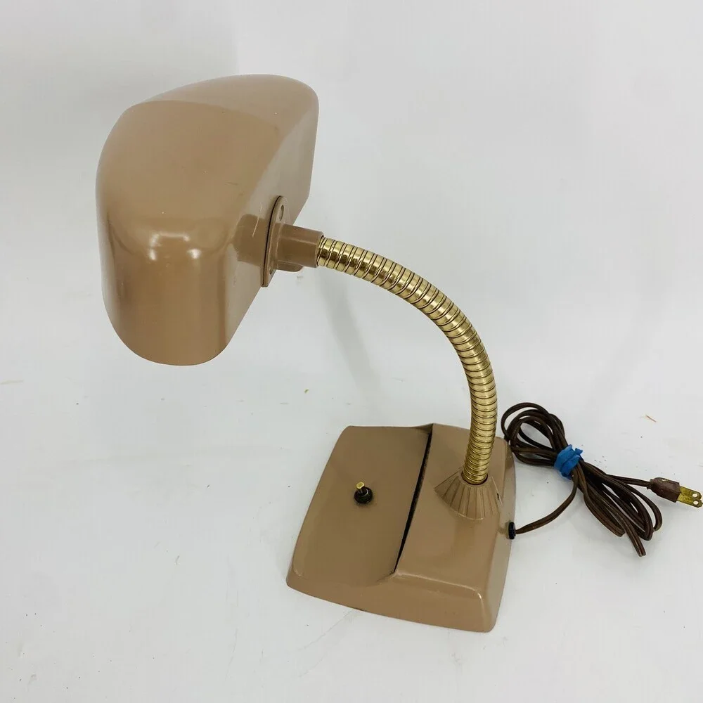 Vintage MCM Industrial Hooded Desk Lamp Nude/Mauve Brass Machine Age Metal